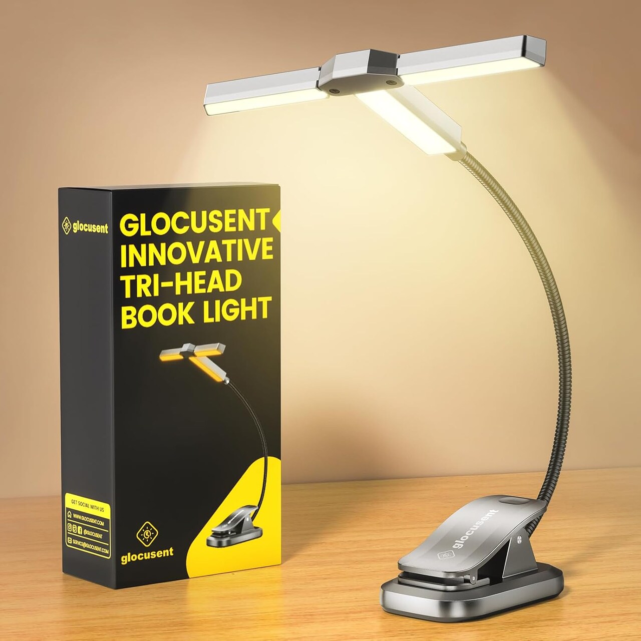 Tri-Head Book Light for Reading in Bed, 3 Colors & 5 Brightness Levels, 1000mAh Rechargeable, with 30-Min Timer, 10-100Hrs, Partner Friendly, Perfect for Book Lovers